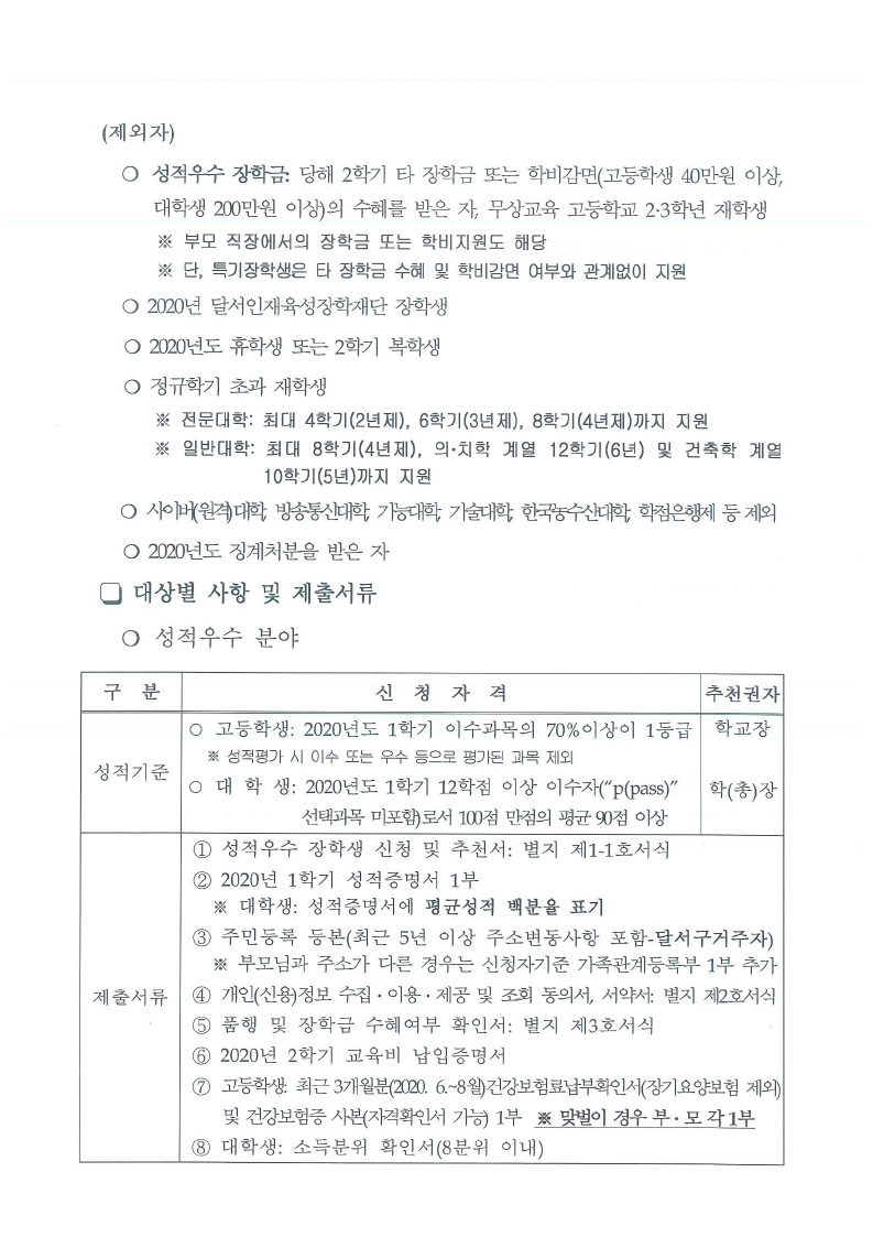 2020-2 (재)달서인재육성장학재단 장학생 선발 안내