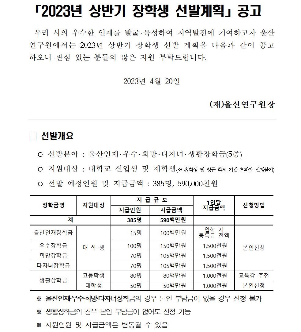 2023-1학기 울산연구원 장학생 선발 안내
