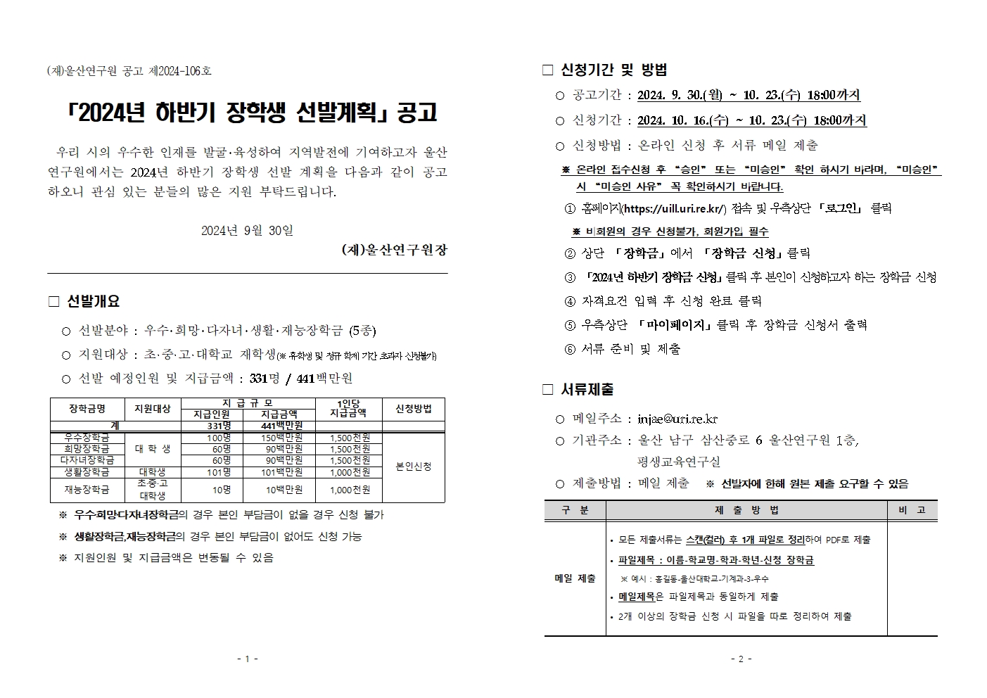 2024년 하반기 울산연구원 장학생 선발 공고