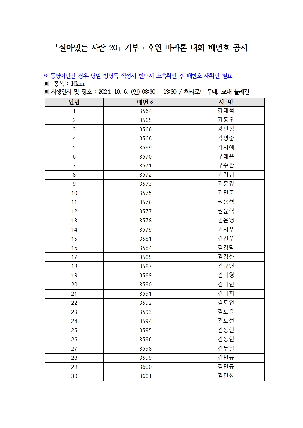 '살아있는 사람 20 「기부·후원」 마라톤 대회’ 참여자 배번호 공지(10km)