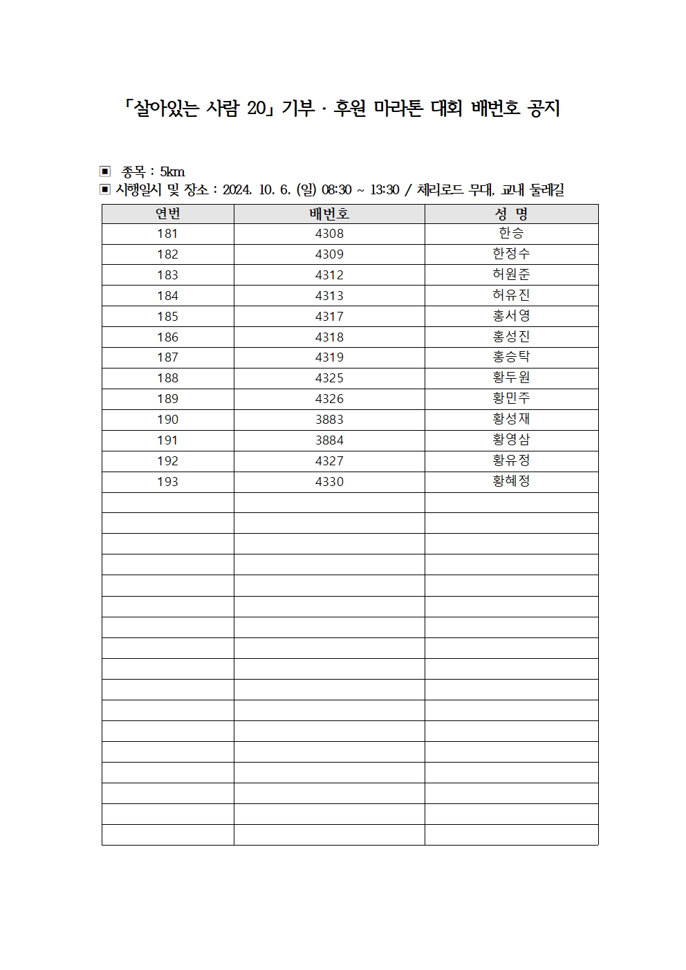 '살아있는 사람 20 「기부·후원」 마라톤 대회’ 참여자 배번호 공지(5km)