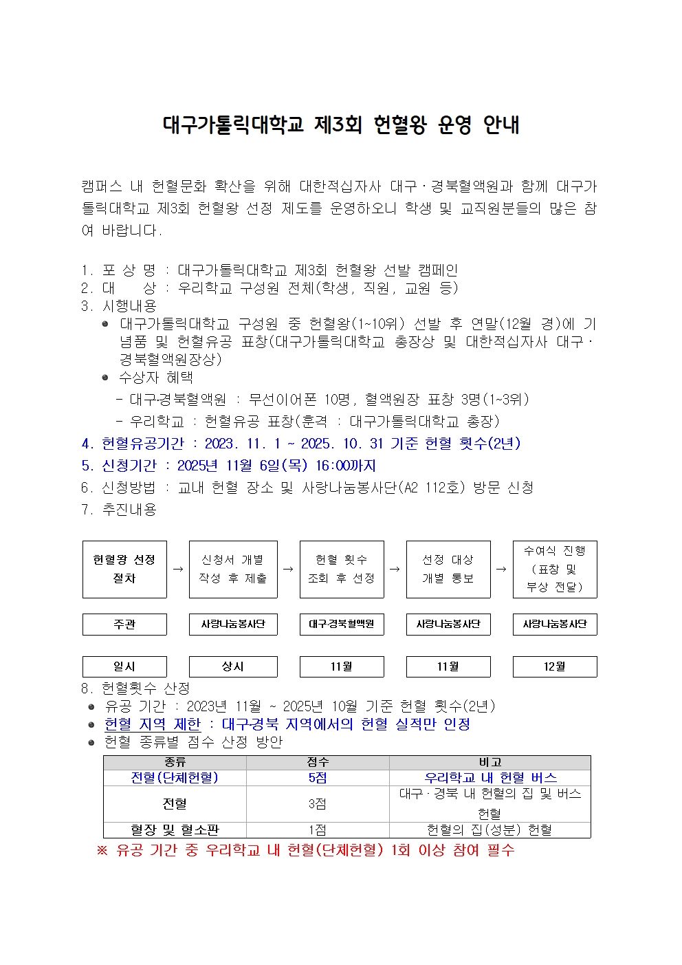 대구가톨릭대학교 제3회 헌혈왕 신청 안내